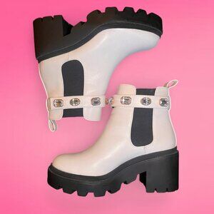 Soda white faux leather chunky boots with jewel straps
